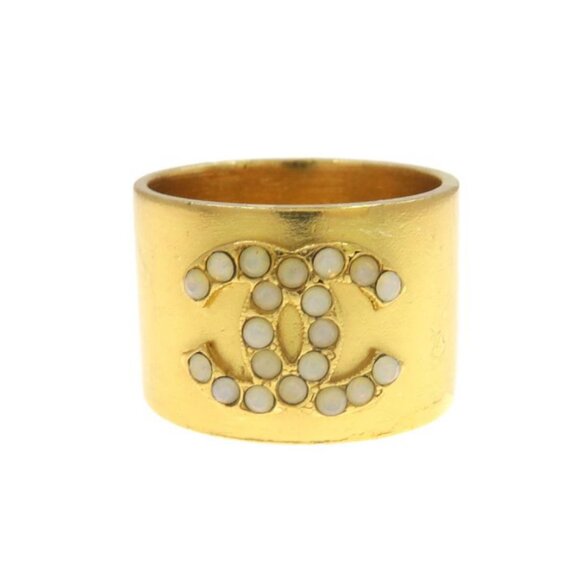 CHANEL CC Logo Rhinestone Band Ring size US6.25 Gold Tone 01A Auth - Picture 2 of 10
